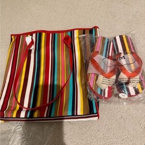 Lancome Striped Tote and Slippers Set